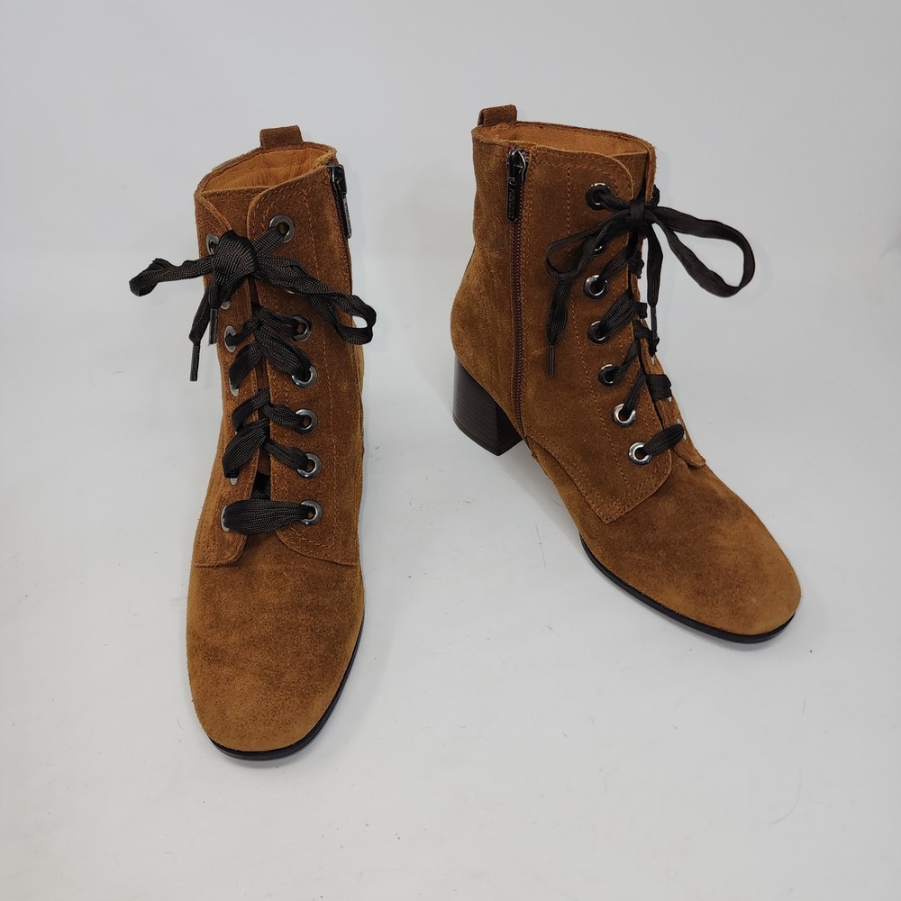 Pikolinos Suede Lace Up Ankle Boots 37 Tan Brown Block Heel Side Zip Boho